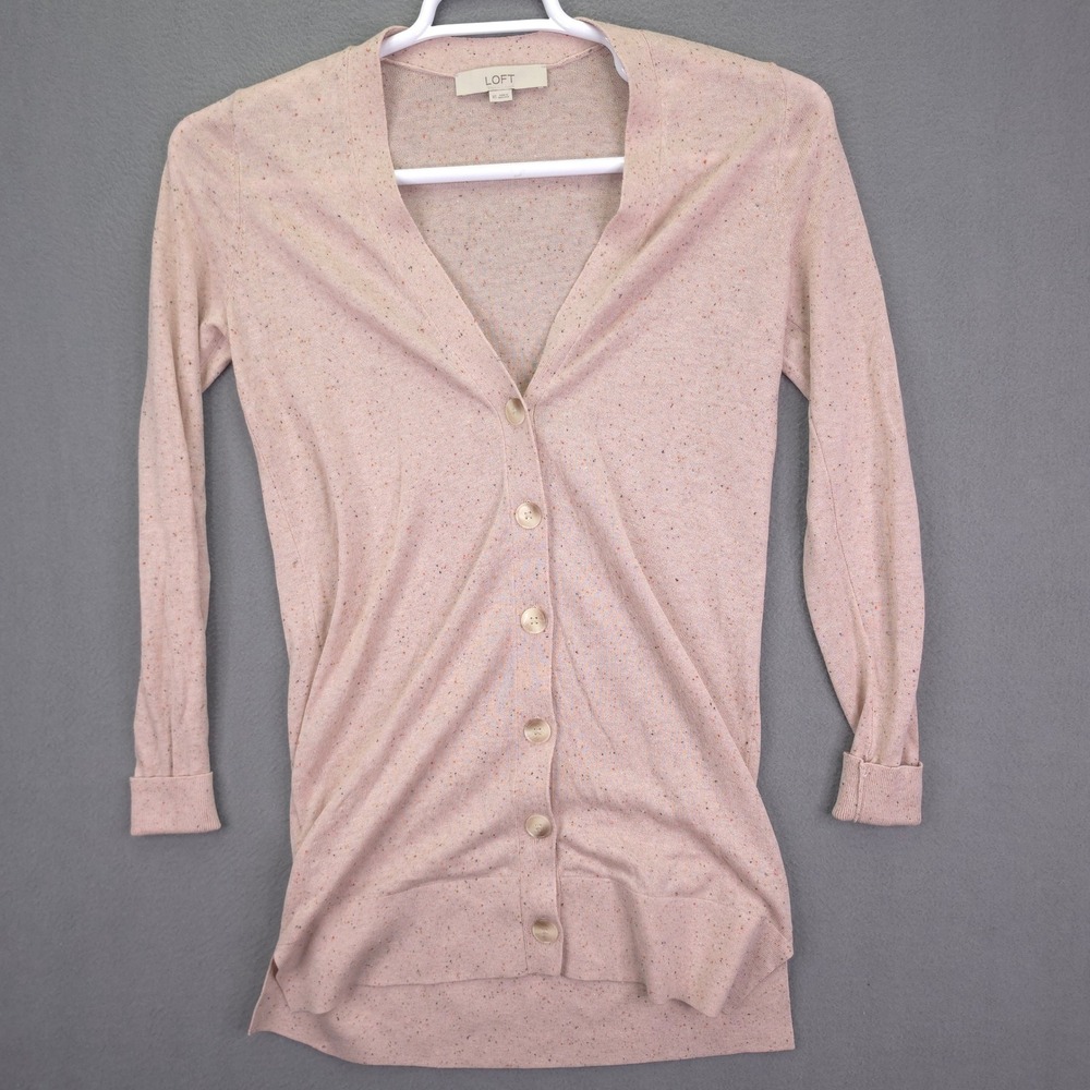 LOFT Cardigan Sweater V-Neck Button Front Pink Speckled XS Lyocell Cotton Soft
